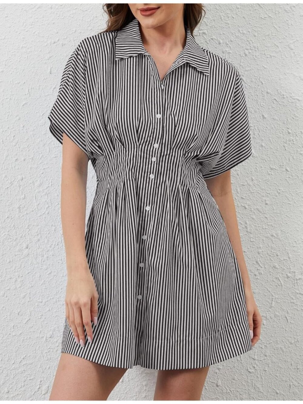 Women's Striped Black Down Short Sleeve Causal A Line Flowy Pleated Mini Dress - Picture 2 of 6